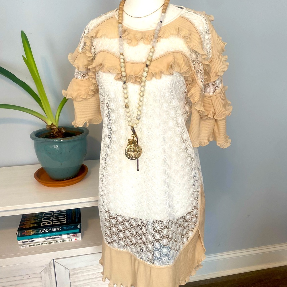 Sandro Cream and Tan Ruffle Dress
